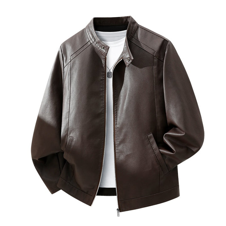 Men's Simple Faux Leather City Jacket with Stand Collar, Two-Way Zipper & Side Pockets Mune Fashion