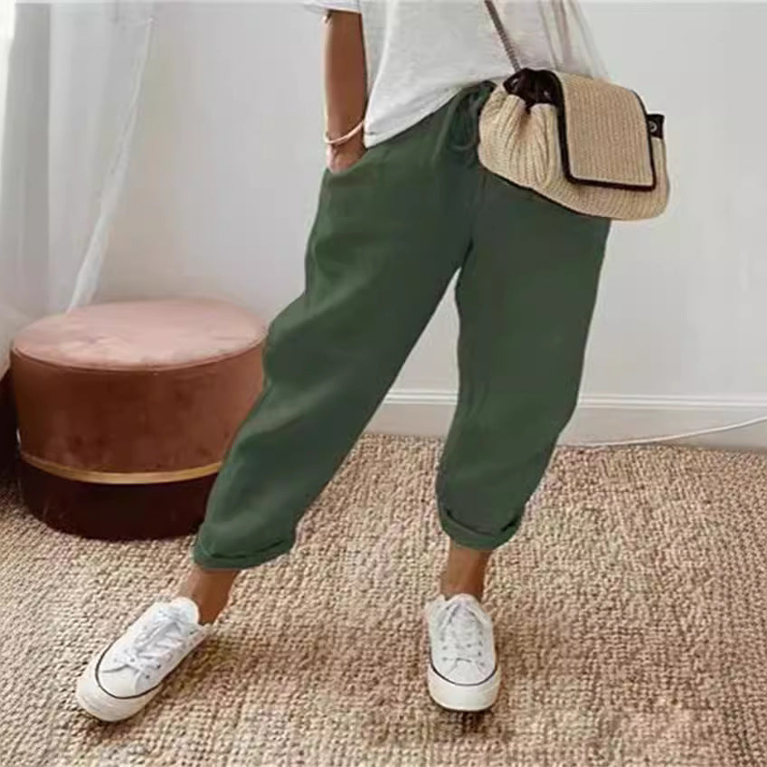 Women's lightweight linen pants with drawstring, loose pleat fit, and rolled ankle hem Mune Fashion