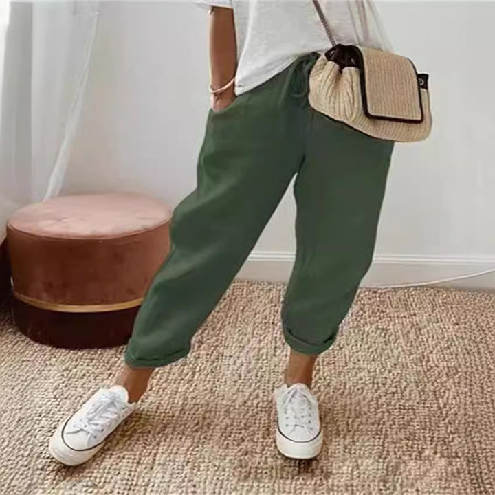 Women's lightweight linen pants with drawstring, loose pleat fit, and rolled ankle hem Mune Fashion