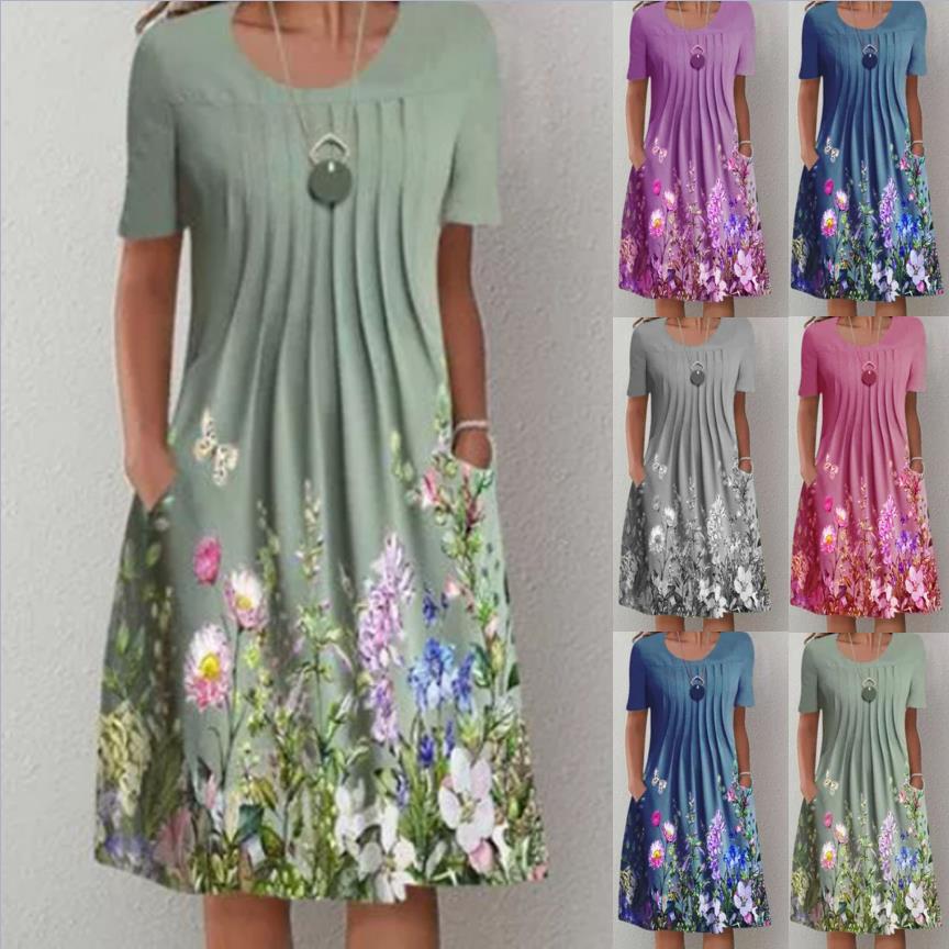 Women Pleated Midi Dress with Short Sleeves, Side Pockets and Floral Hem Mune Fashion
