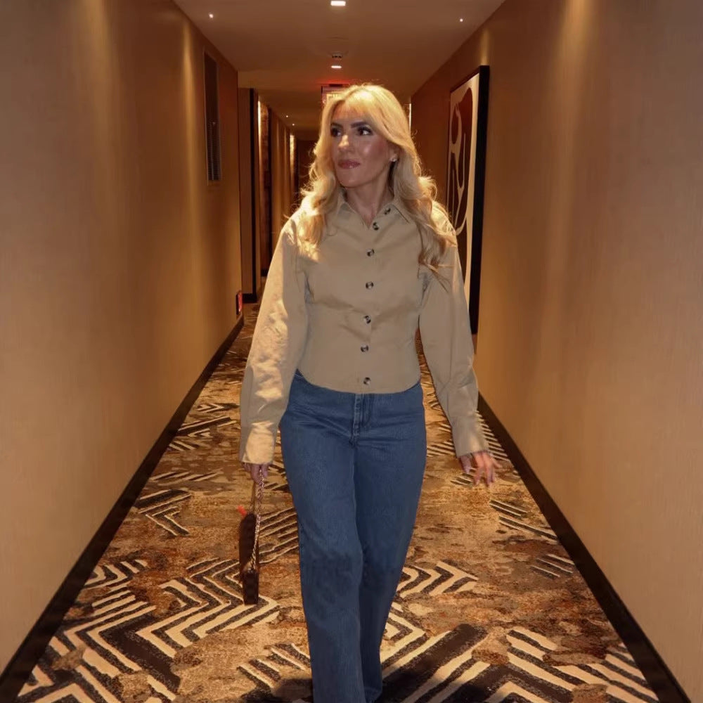 Women's Tailored Shirt Blouse with Shaped Waist, Full Button Placket & Kent Collar Mune Fashion