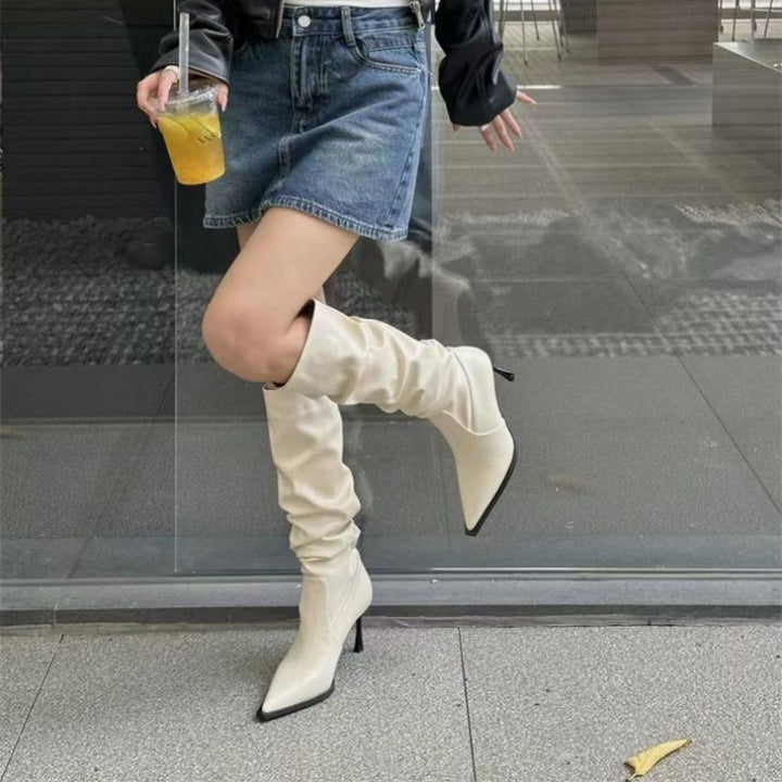 Women Slouchy knee-high boots with pointed toe shape and sculptural stiletto heel Mune Fashion