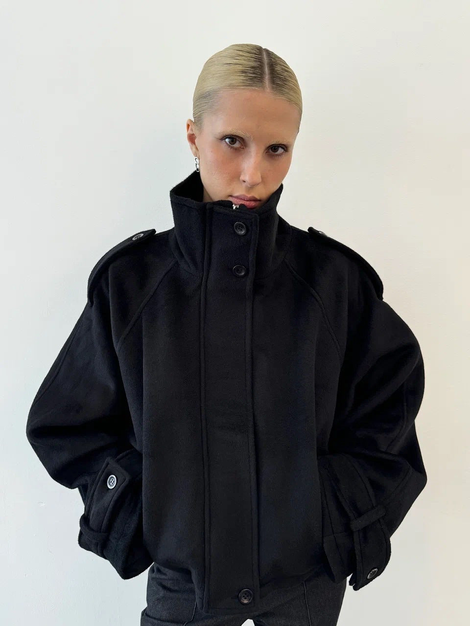 Women's Short Oversize Wool Jacket with Stand-up Collar and Epaulets Mune Fashion
