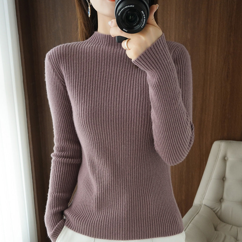 Women's luxury fine-knit pullover with narrow rib structure and short stand-up collar Mune Fashion