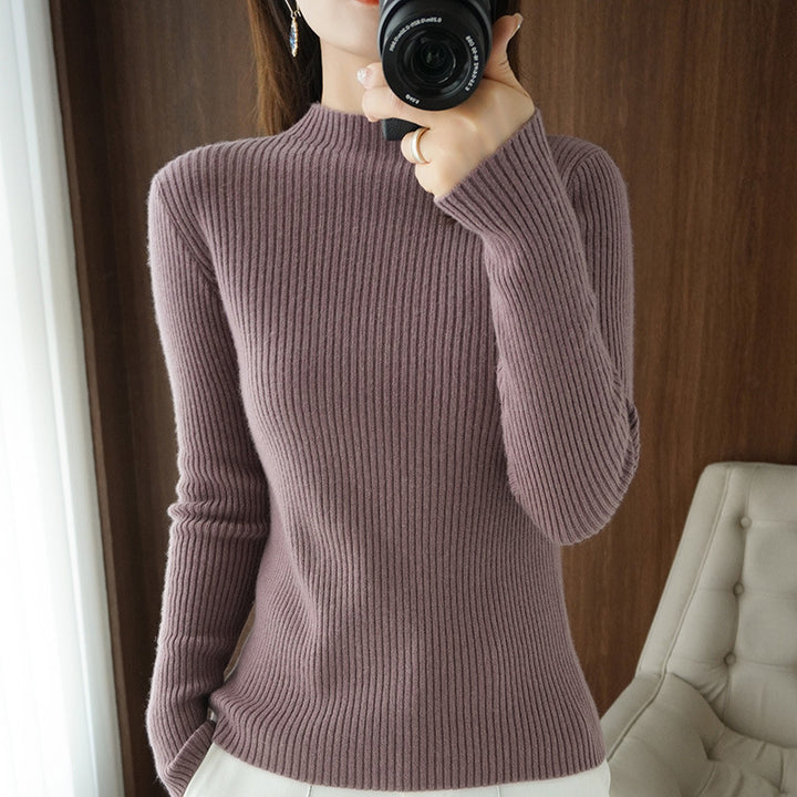 Women's luxury fine-knit pullover with narrow rib structure and short stand-up collar Mune Fashion