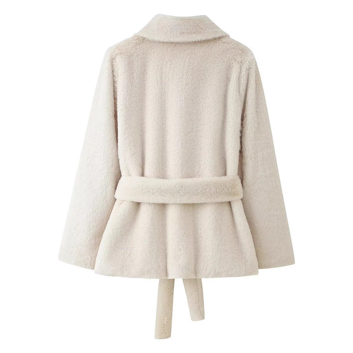 Women's short coat made of cuddly faux fur with shirt collar and tie belt Mune Fashion