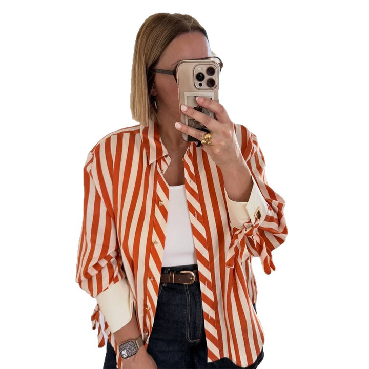 Women Striped Oversize Shirt Blouse with Ties on Sleeves and Concealed Button Placket Mune Fashion