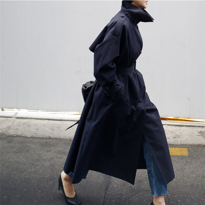 Women's Long Cut Trench Coat with Waist Belt and Stand-Up Collar Mune Fashion