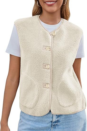 Women's Teddy Fleece Vest with Round Neckline and Button Closure Mune Fashion