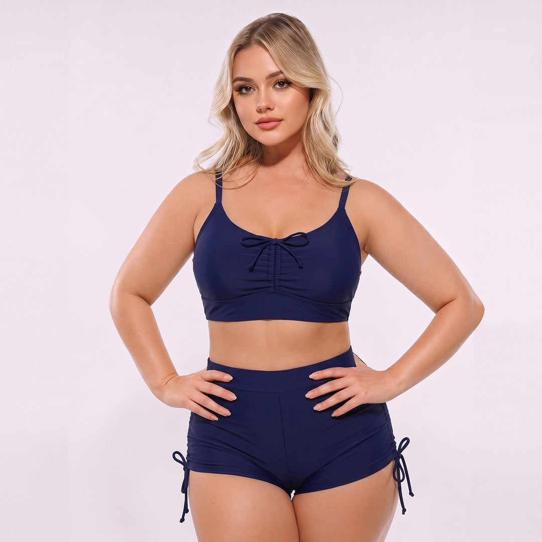 Women High-Cut Tankini Set with Adjustable Straps and Gathering Mune Fashion