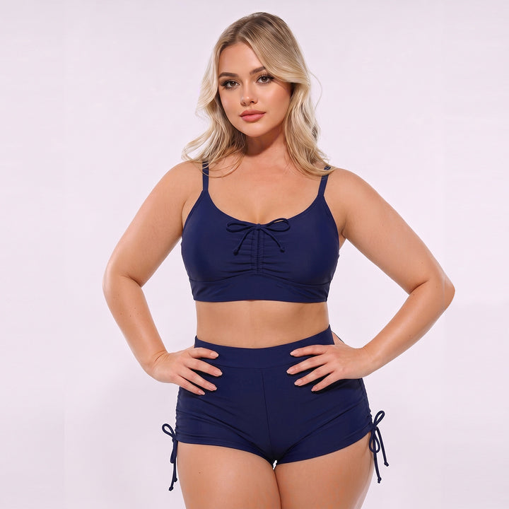 Women High-Cut Tankini Set with Adjustable Straps and Gathering Mune Fashion
