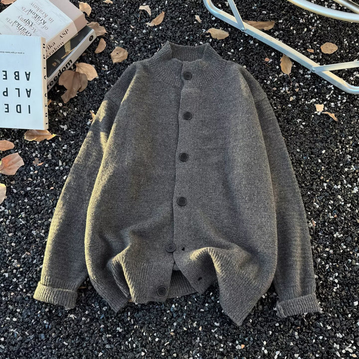 Unisex Oversized Wool Blend Cardigan with Round Neckline, Button Placket and Ribbed Hem Mune Fashion