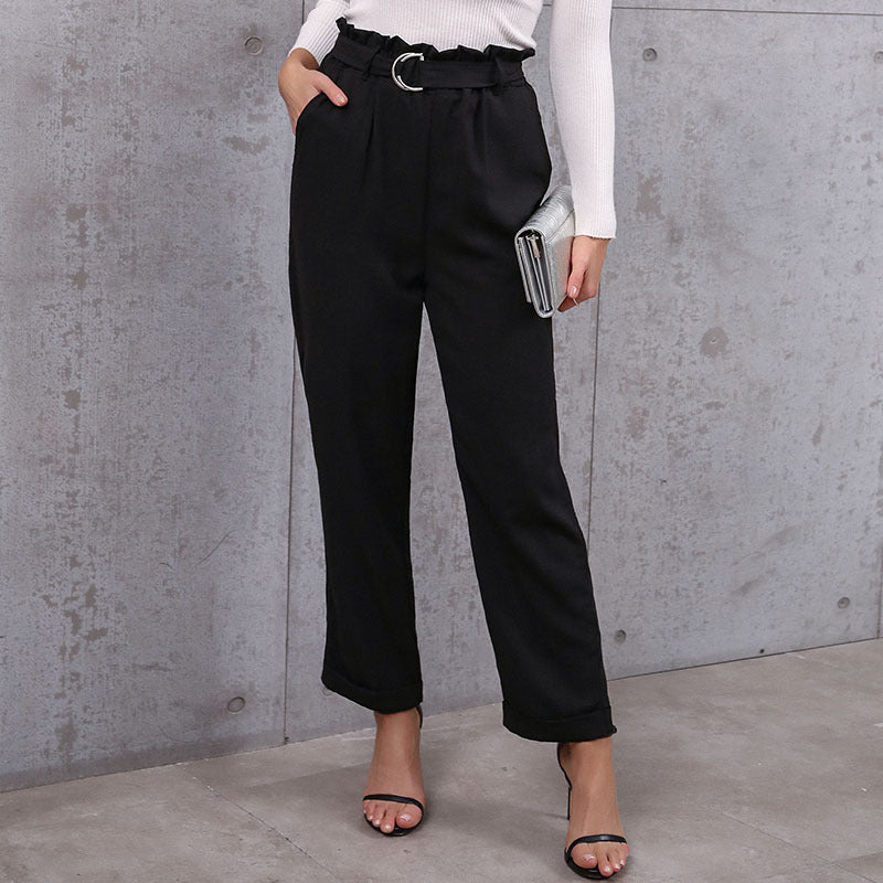 Women Elegant high-waisted paperbag trousers with tie belt and straight leg Mune Fashion