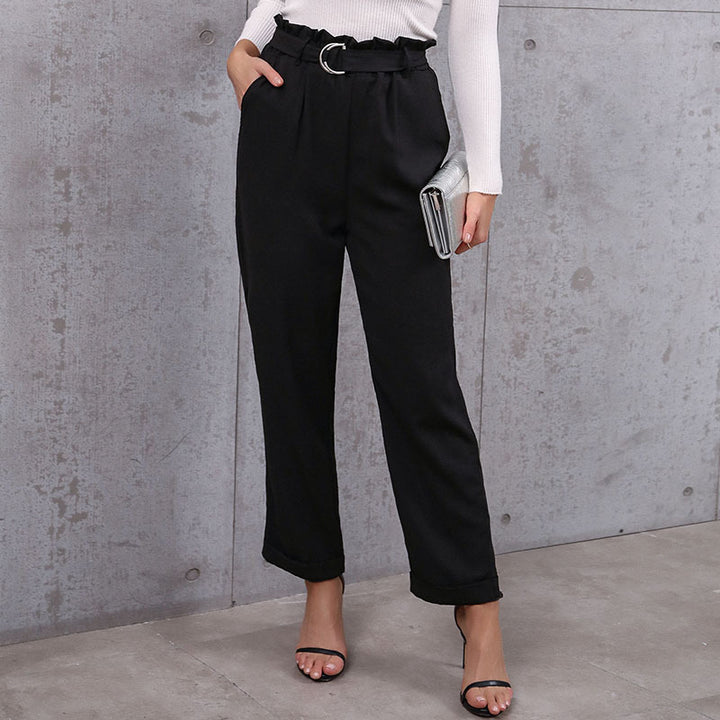 Women Elegant high-waisted paperbag trousers with tie belt and straight leg Mune Fashion