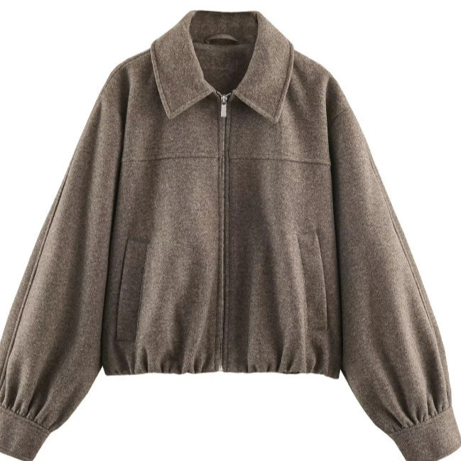 Women’s Short Cut Wool Bomber Jacket with Zipper and Elastic Hem Mune Fashion