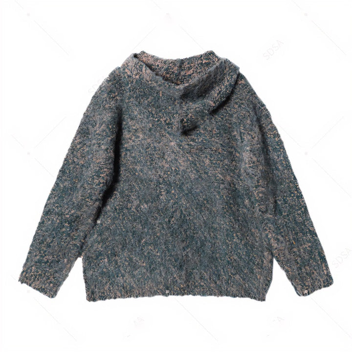 Women's Fluffy Hooded Cardigan with Button Placket and Mélange Bouclé Look Mune Fashion
