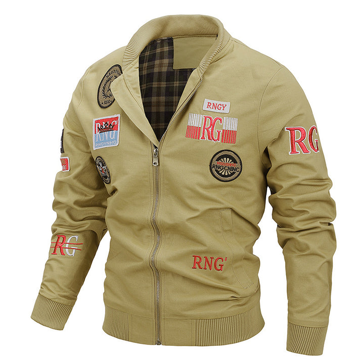 Men's Canvas Bomber Jacket with Vintage Patch Details and Ribbed Cuffs Mune Fashion