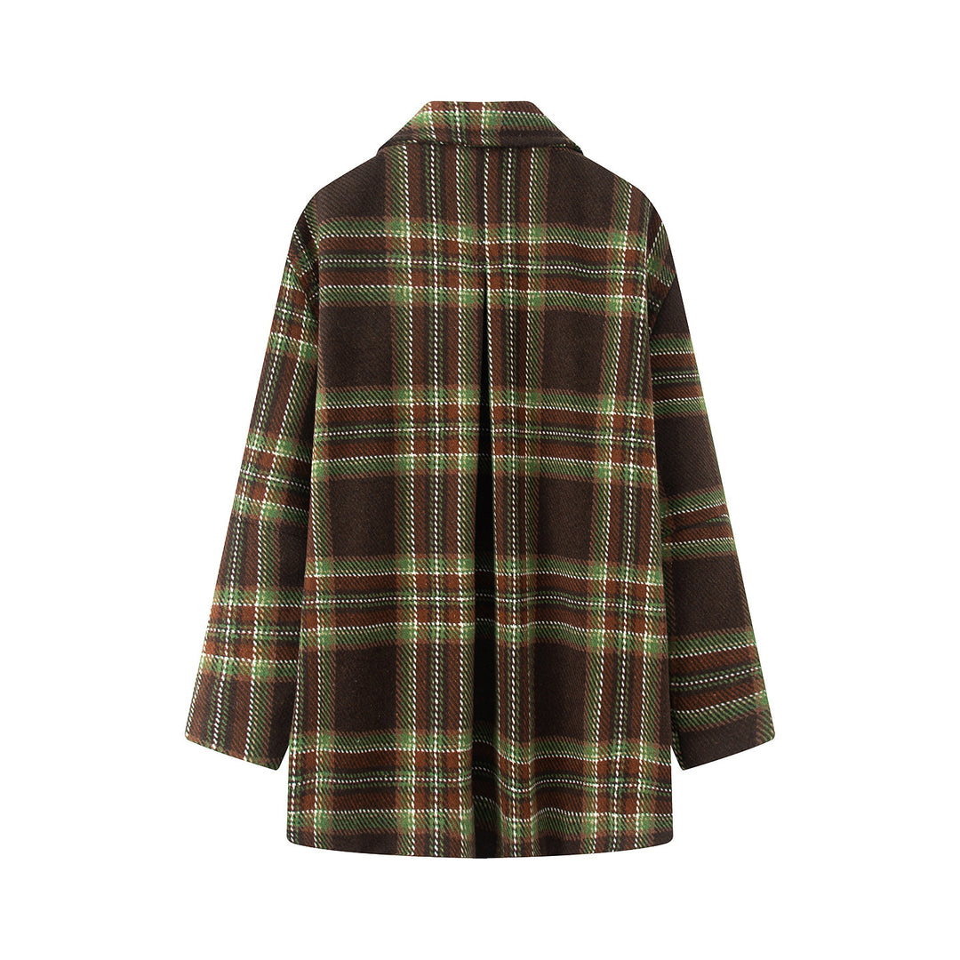 Women's checked wool blend coat with shirt collar, hidden button placket and patch pockets Mune Fashion