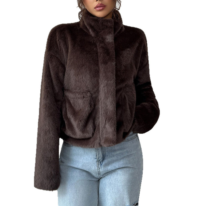 Women nan short faux fur blouson with stand-up collar, concealed zipper and patch pockets Mune Fashion