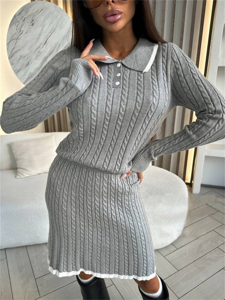 Women Two-Piece Cable Knit Dress with Waistband and Polo Collar Mune Fashion