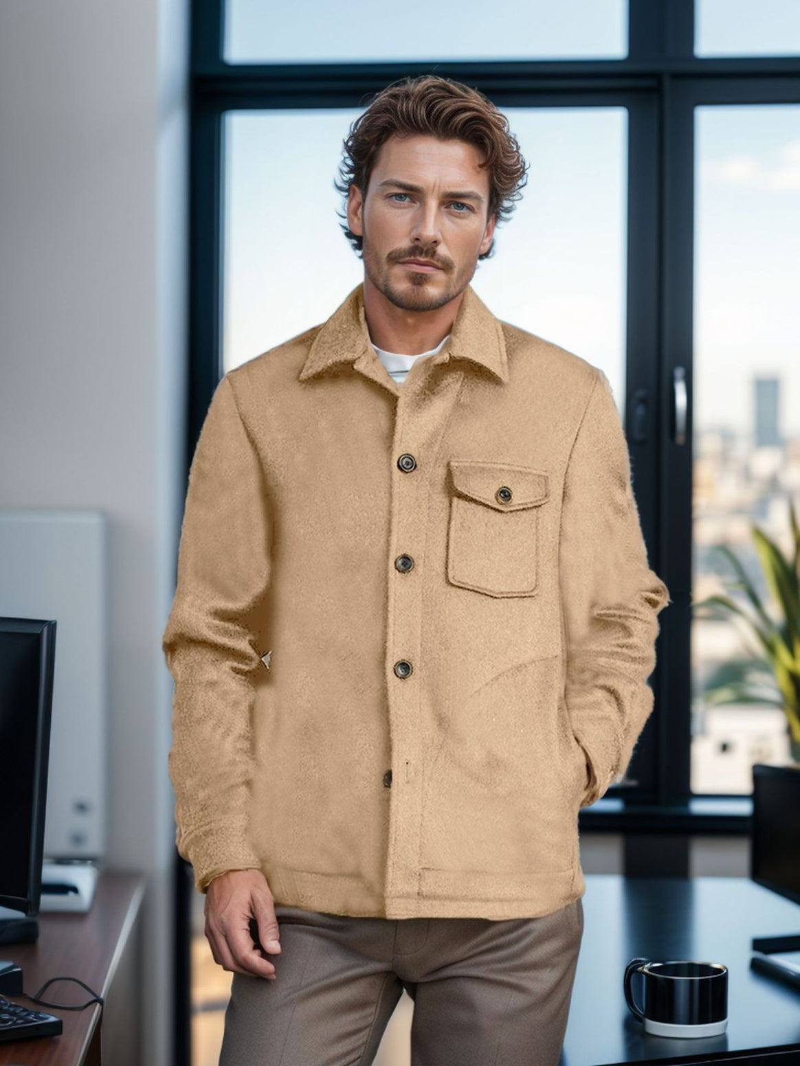 Men's shirt jacket made of wool blend with patch chest pocket and classic shirt collar Mune Fashion