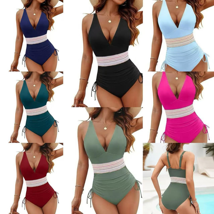 Ladies Stylish One-Piece Swimsuit with Adjustable Straps and Decorative Waistband Mune Fashion