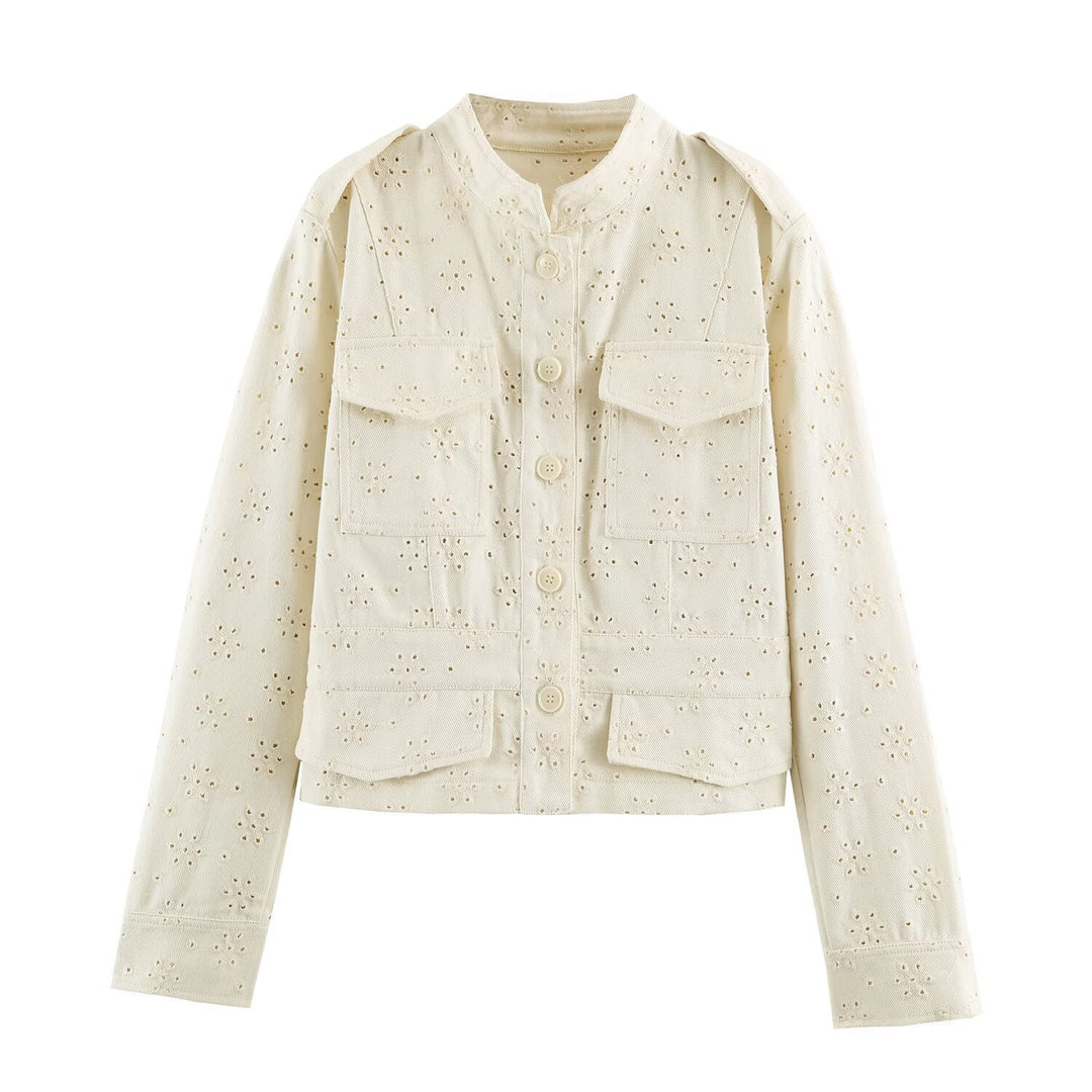 Women's short jacket made of lace embroidery with stand-up collar, utility pockets, and boxy cropped silhouette Mune Fashion