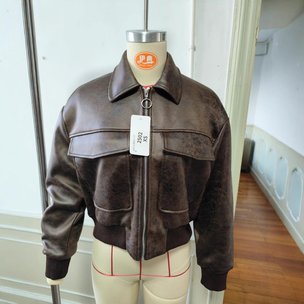 Women Short Cut Bomber Jacket made of Faux Leather with Large Flap Pockets Mune Fashion
