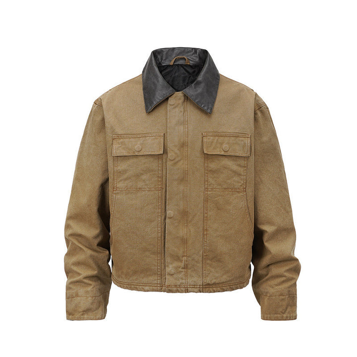 Men's canvas field jacket in overshirt look with leather collar and patch pockets Mune Fashion