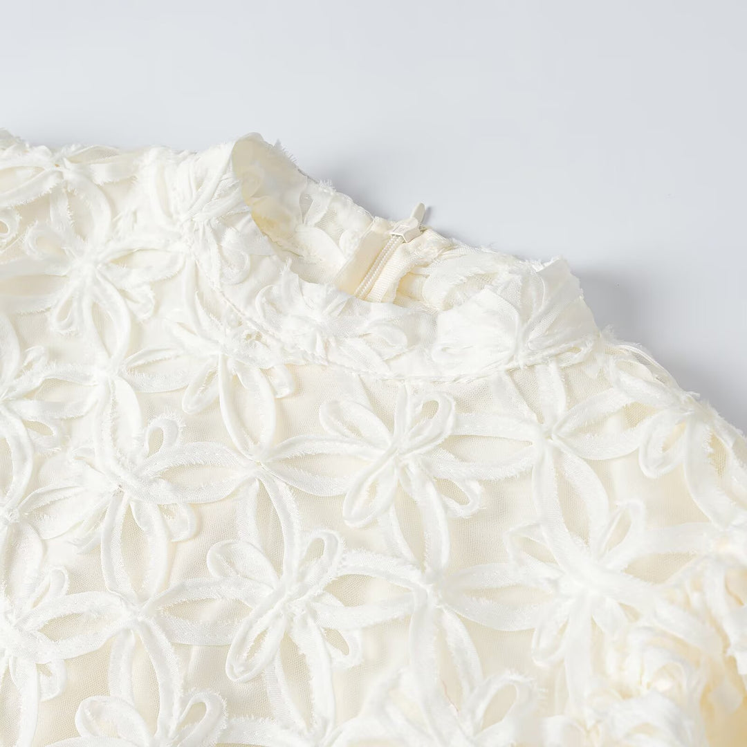 Women A-line Mini Dress with three-dimensional flower embroidery and puff sleeves Mune Fashion