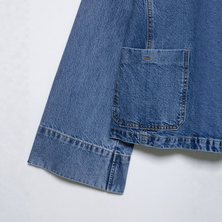 Women's Cropped Oversized Denim Jacket with Large Patch Pockets and Visible Button Placket Mune Fashion