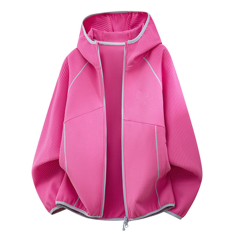 Women's hooded jacket made of breathable waffle knit with oversized cut and zipper