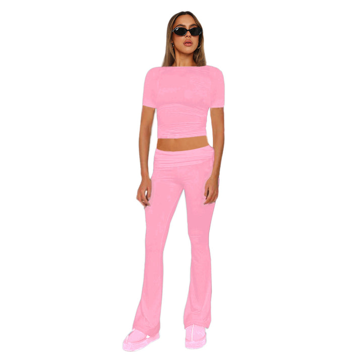 Women's figure-flattering crop set made of stretch jersey with high-waist flared pants Mune Fashion