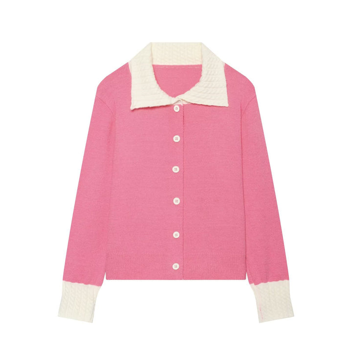 Women’s fine-knit cardigan with large textured collar and contrast cuffs Mune Fashion