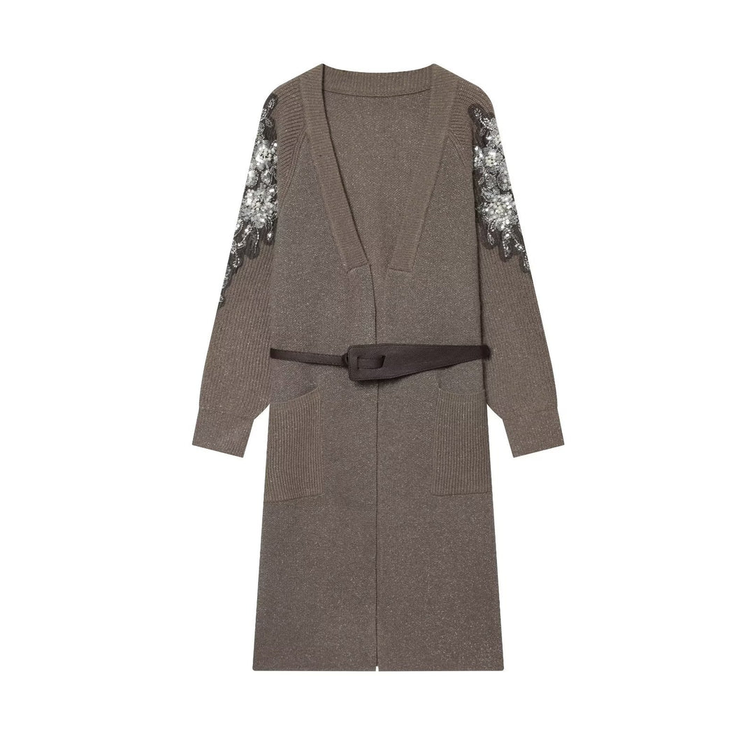 Women's Long Knit Coat-Cardigan with Waist Belt and Sequin Sleeves Mune Fashion