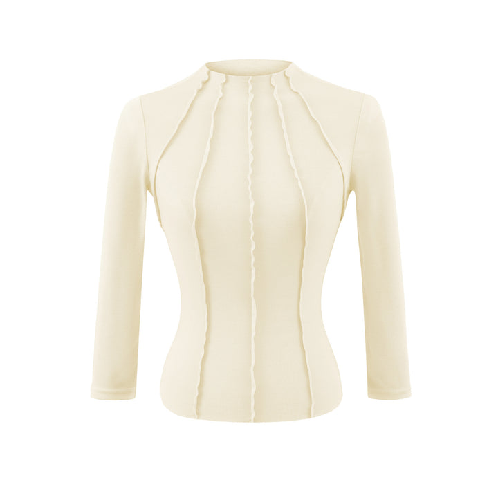 Women's Fitted Long Sleeve Shirt with Stand-Up Collar and Decorative Ruffles