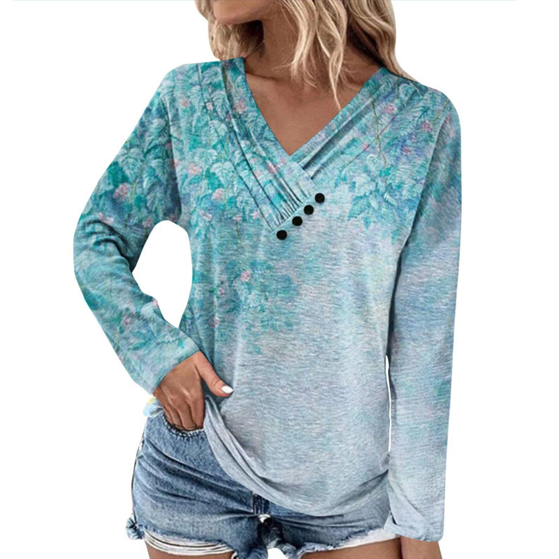 Women's Ribbed V-Neck Sweater with Gradient, Decorative Buttons and Relaxed Fit Mune Fashion