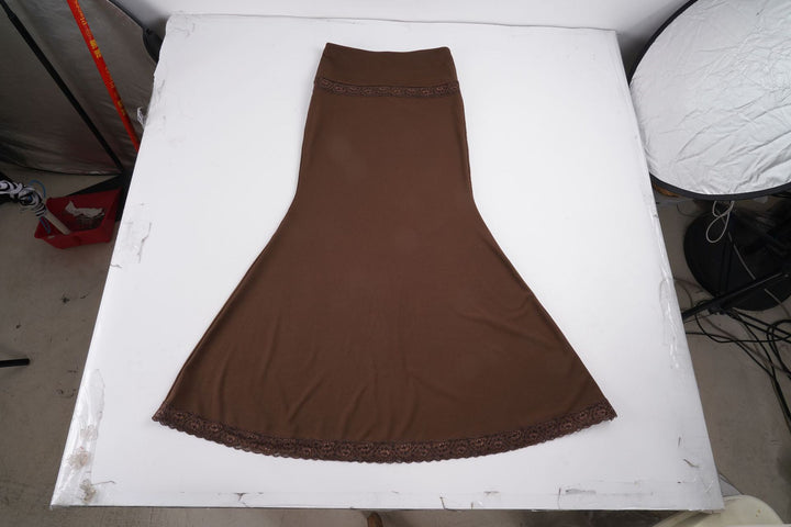 Women's Tailored Midi Skirt with Elastic Waistband and Lace Trim Mune Fashion