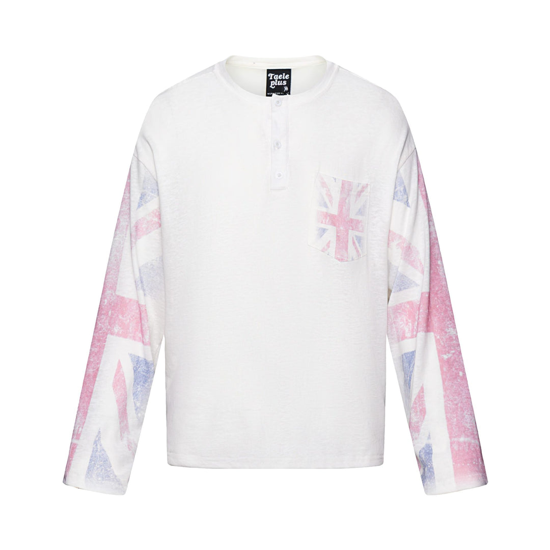 Unisex Long Sleeve Henley Shirt with Chest Pocket and Vintage Flag Print Mune Fashion