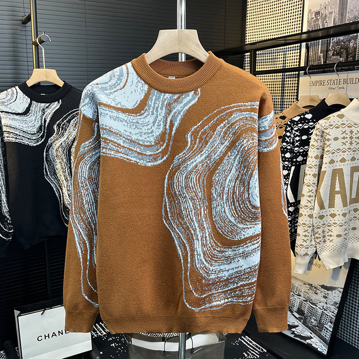 Men's chunky knit crew neck sweater with abstract marble jacquard Mune Fashion