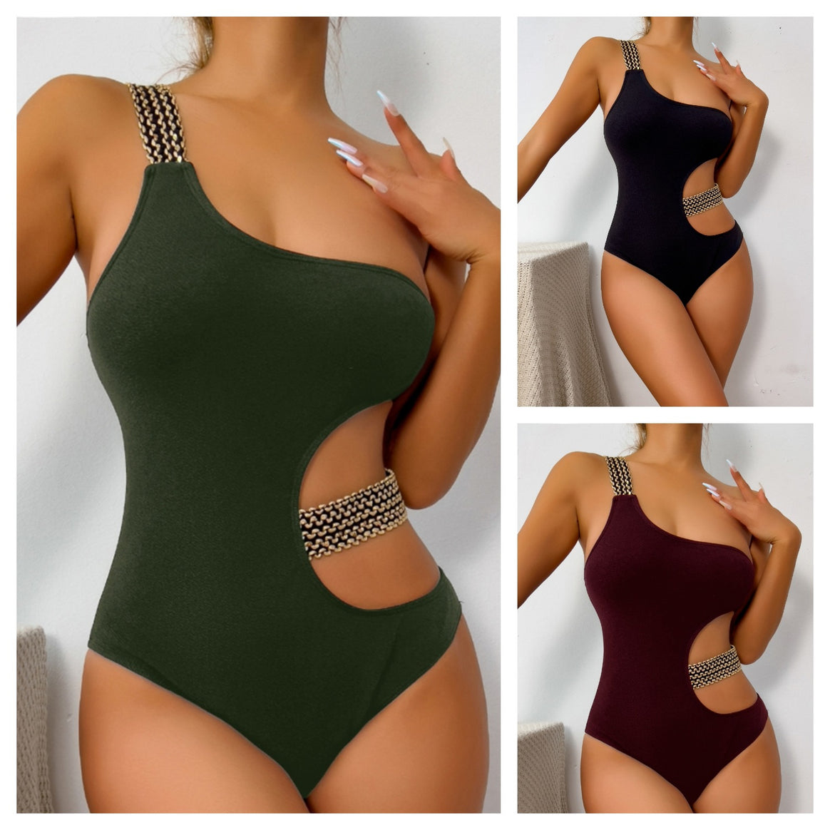 Women One-Piece Swimsuit with Asymmetrical Cut and Elegant Cut-Out Design Mune Fashion