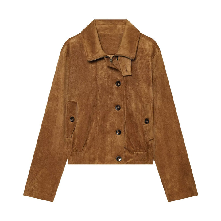 Women's short blouse jacket made of velour suede with button placket, concealed zipper, and elastic hem Mune Fashion