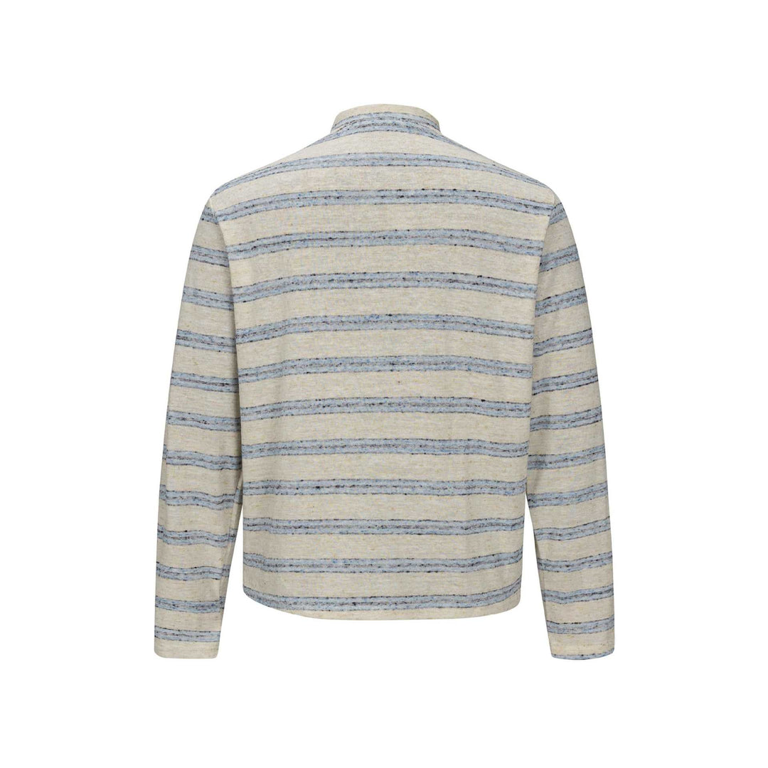 Men Striped Fine Knit Henley with Stand-Up Collar and Full Button Placket Mune Fashion