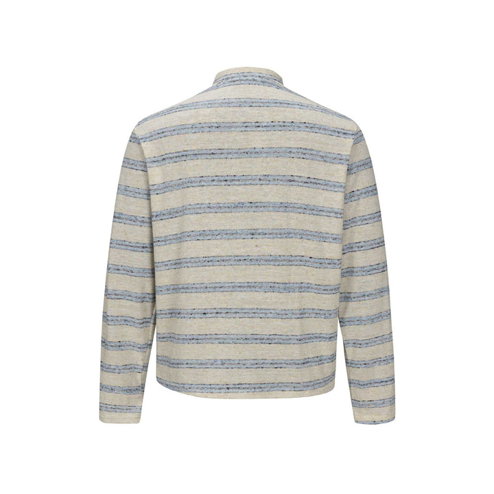 Men Striped Fine Knit Henley with Stand-Up Collar and Full Button Placket Mune Fashion