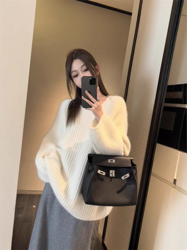 Women's Oversized Fluffy Sweater in Mohair Look with Textured Rib Design Mune Fashion