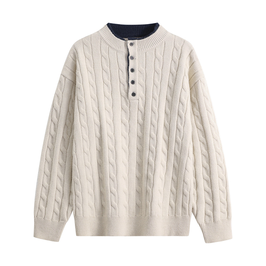 Unisex Oversize Braid Knit Henley Sweater with Button Placket and Ribbed Hem Mune Fashion