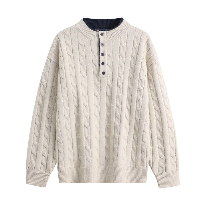 Unisex Oversize Braid Knit Henley Sweater with Button Placket and Ribbed Hem Mune Fashion