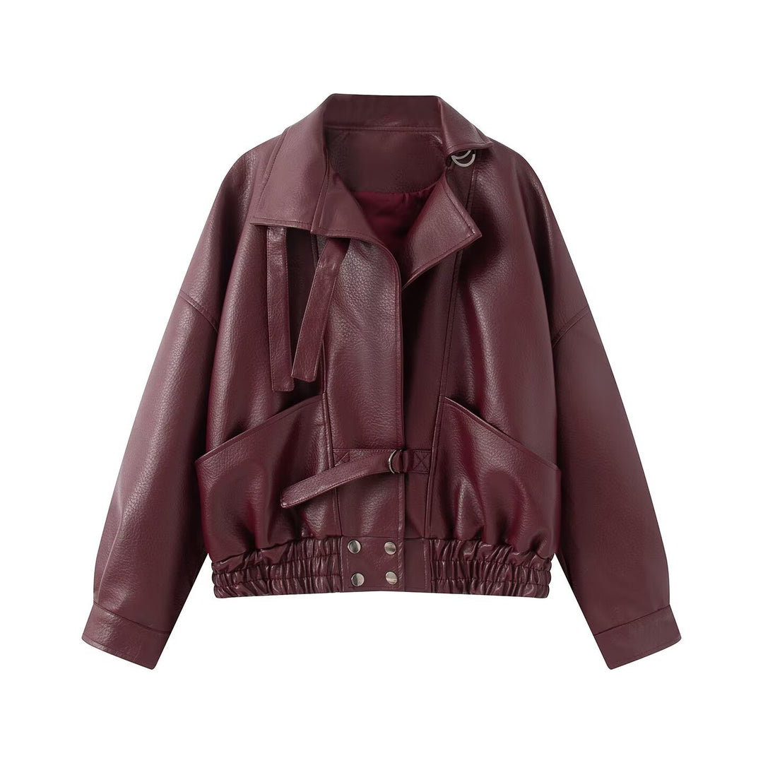 Women's Oversize Faux Leather Bomber Jacket with Elastic Hem and Waist Belt Mune Fashion