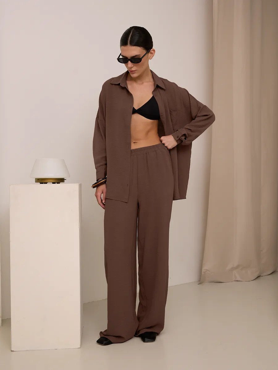 Women Two-Piece Lounge Set Oversize Blouse with Chest Pocket and Wide Palazzo Pants Mune Fashion