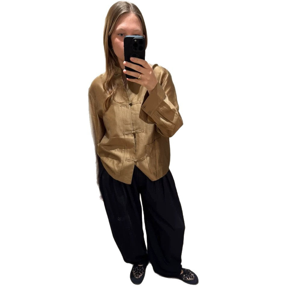 Ladies Chinese-inspired tunic shirt with stand-up collar, knot closures & crinkle texture Mune Fashion